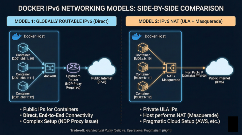 Comparison of Docker IPv6 networking models
