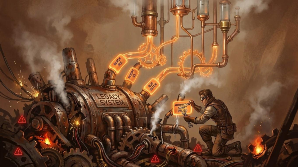 Illustration of a mechanic working over a messy engine to depict brown-field automation. 