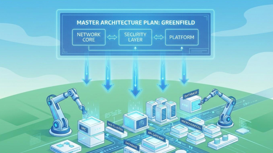 Illustration of a master architectural plan hovering over a clean group of servers to illustrate the concept of green-field automation.